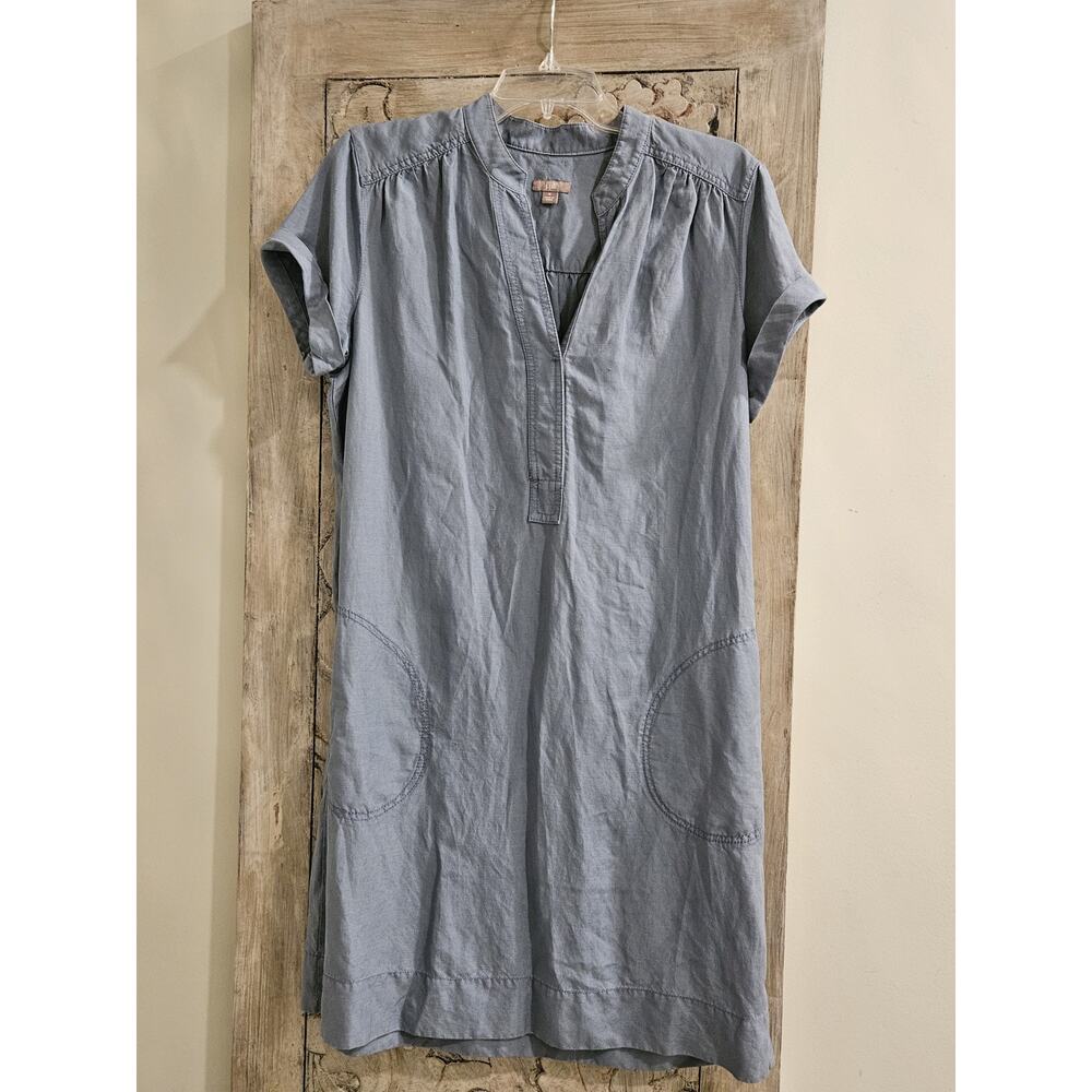 J. Jill Blue Silk Linen Tunic Dress Sz M Roll Short Sleeve V Neck Pockets